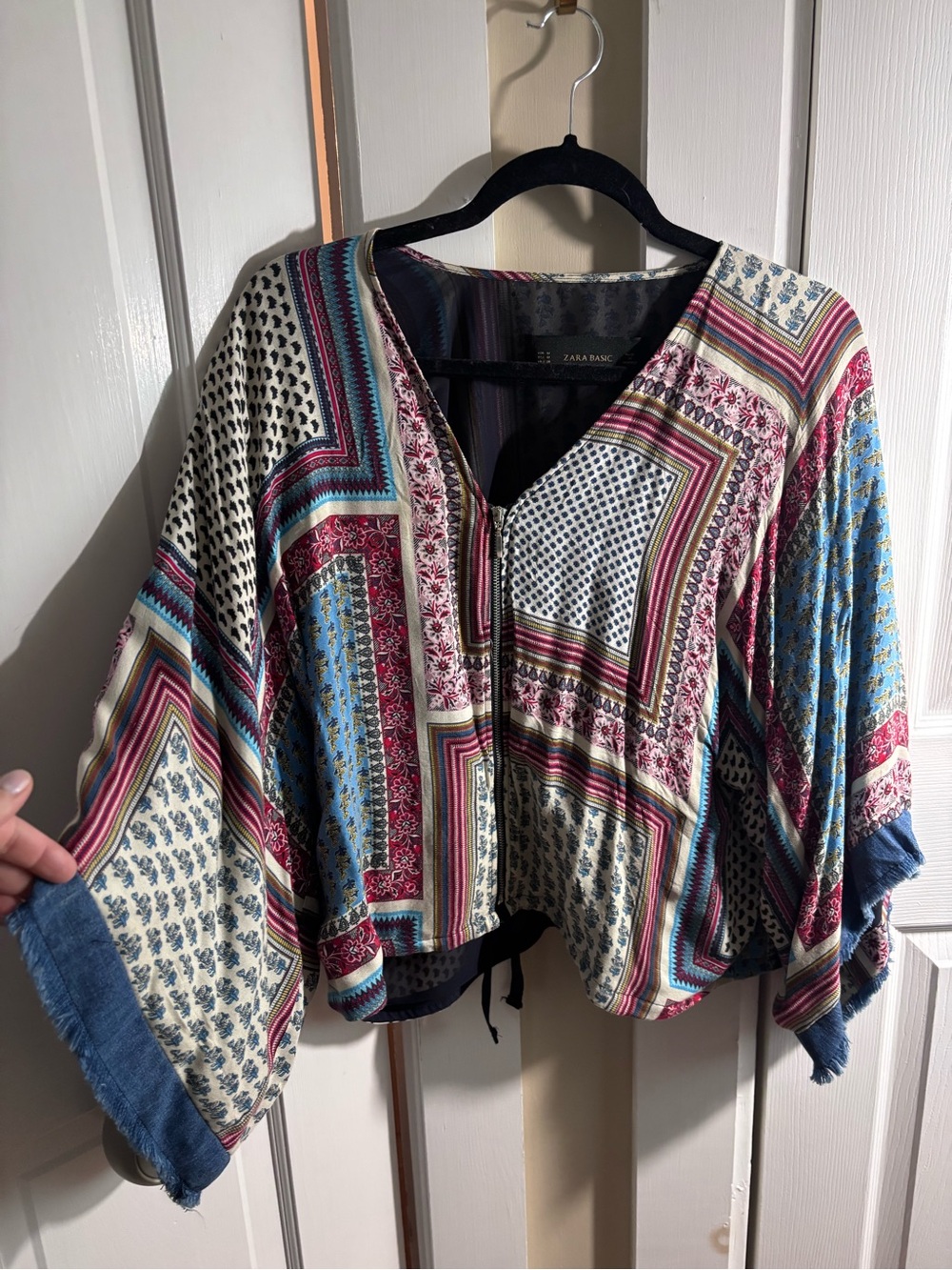 Zara Multicolor Patchwork Kimono Top — Blue, Cream, Burgundy